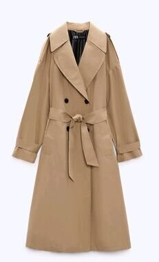 ZARA Long Classic Belted Trench Coat Beige Camel Water Repellent Medium 8073/222